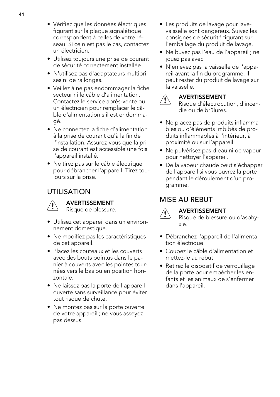 Utilisation, Mise au rebut | AEG F65000IW0P User Manual | Page 44 / 84
