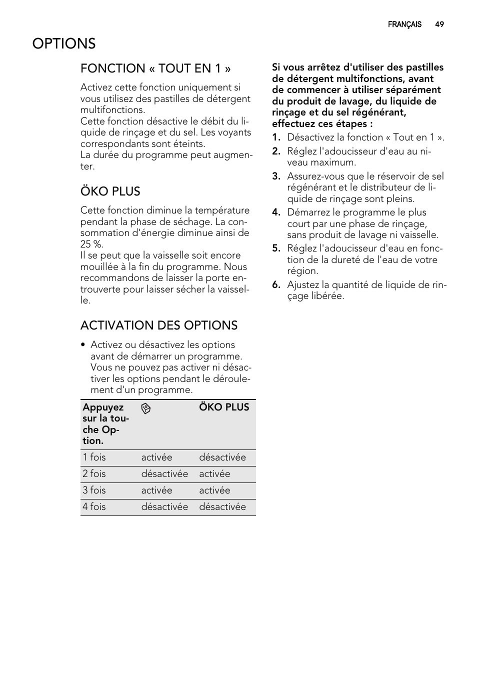 Options, Fonction « tout en 1, Öko plus | Activation des options | AEG F65000IW0P User Manual | Page 49 / 84