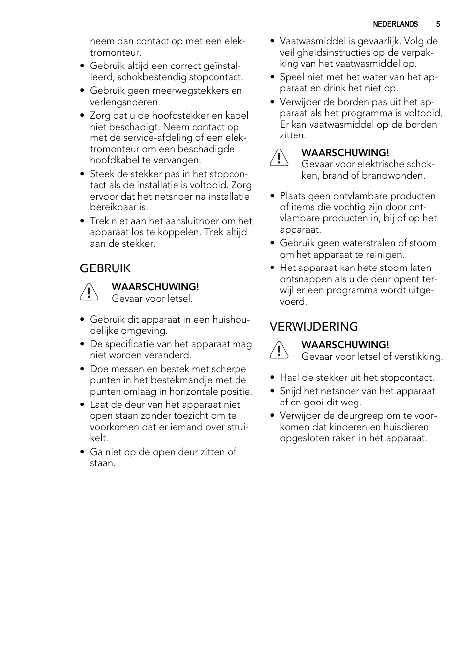 Gebruik, Verwijdering | AEG F65000IW0P User Manual | Page 5 / 84