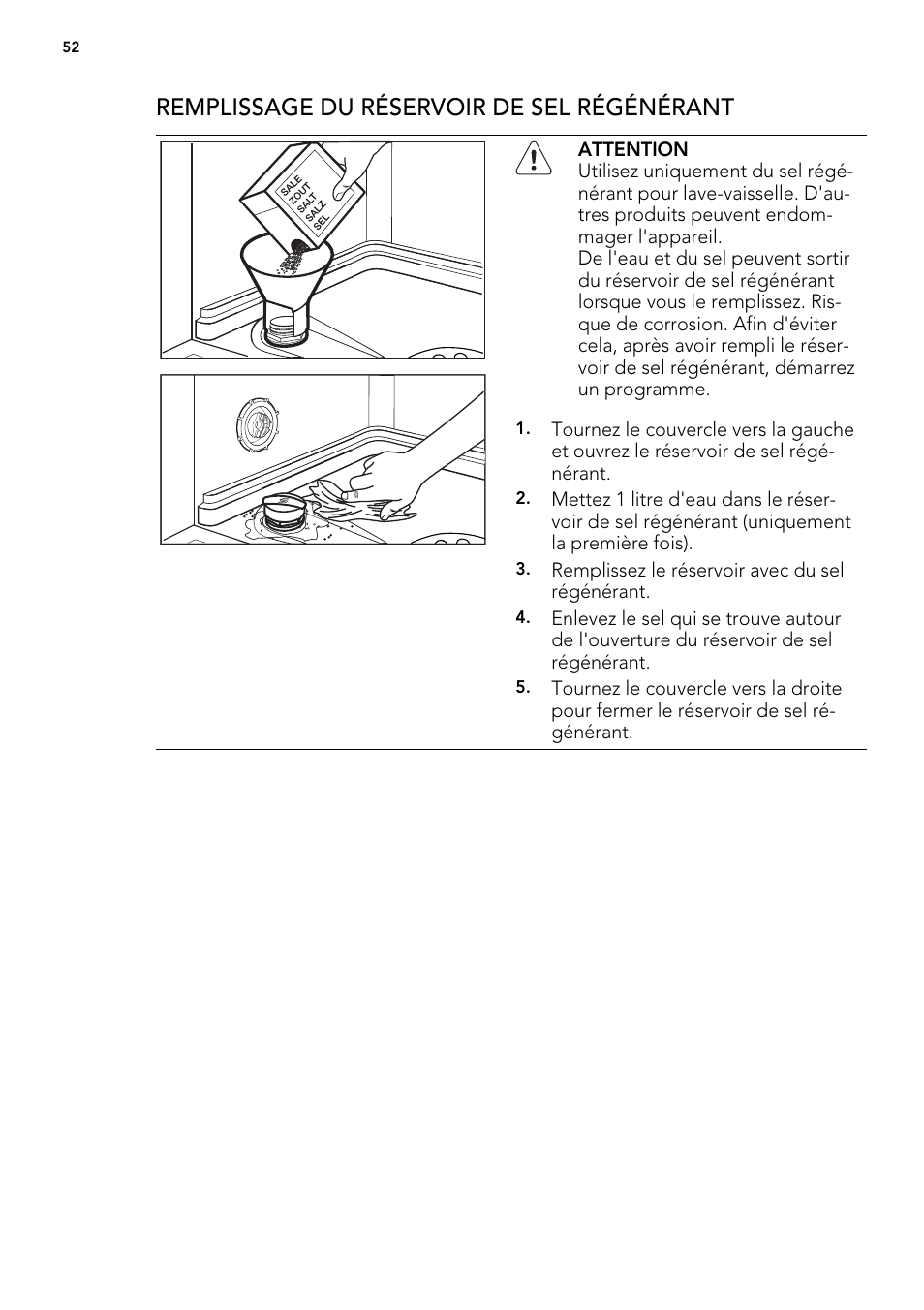 Remplissage du réservoir de sel régénérant | AEG F65000IW0P User Manual | Page 52 / 84