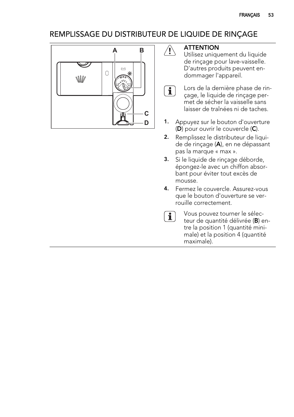 Remplissage du distributeur de liquide de rinçage | AEG F65000IW0P User Manual | Page 53 / 84