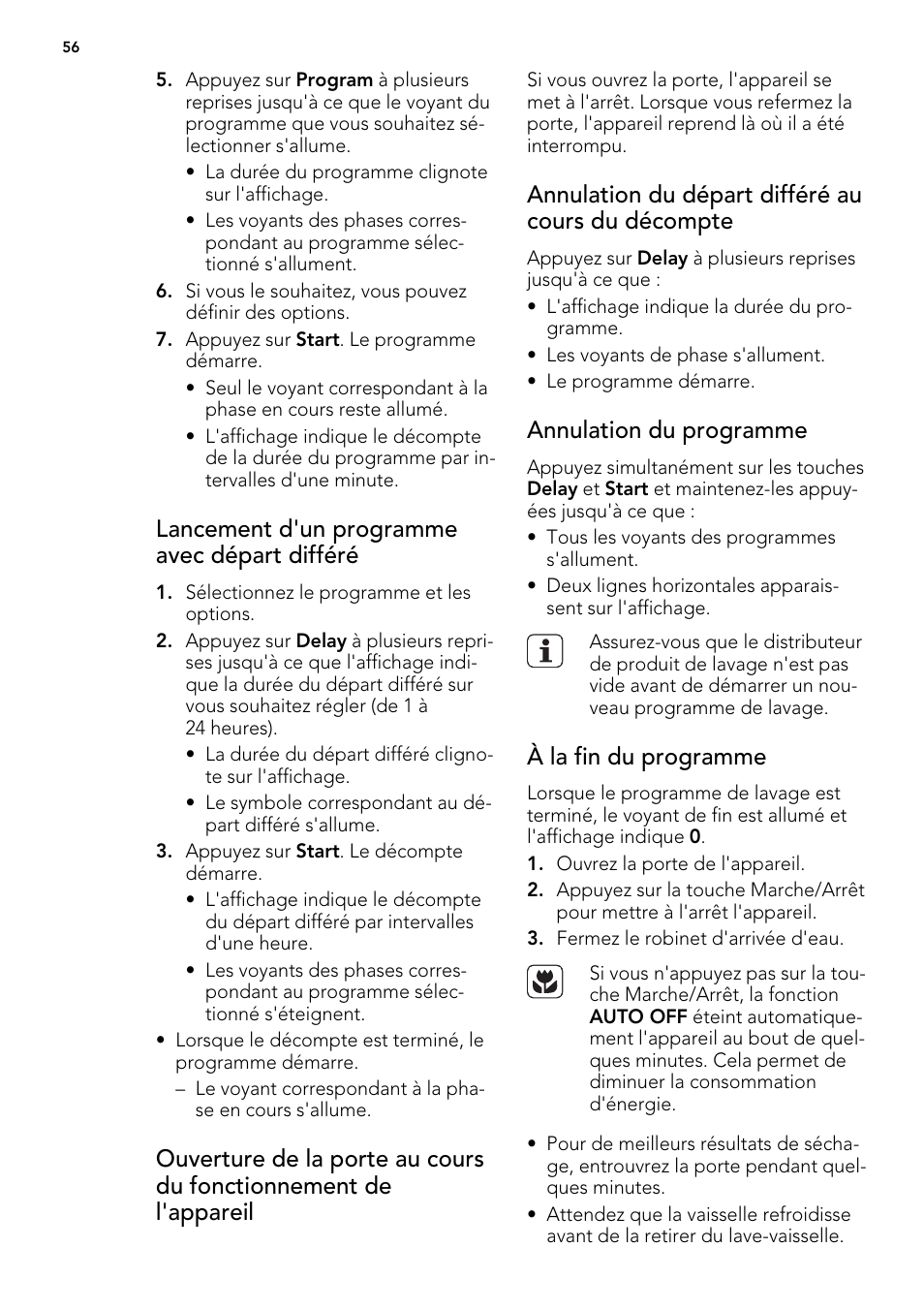 Lancement d'un programme avec départ différé, Annulation du départ différé au cours du décompte, Annulation du programme | À la fin du programme | AEG F65000IW0P User Manual | Page 56 / 84