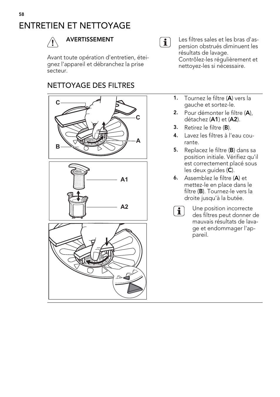 Entretien et nettoyage, Nettoyage des filtres | AEG F65000IW0P User Manual | Page 58 / 84