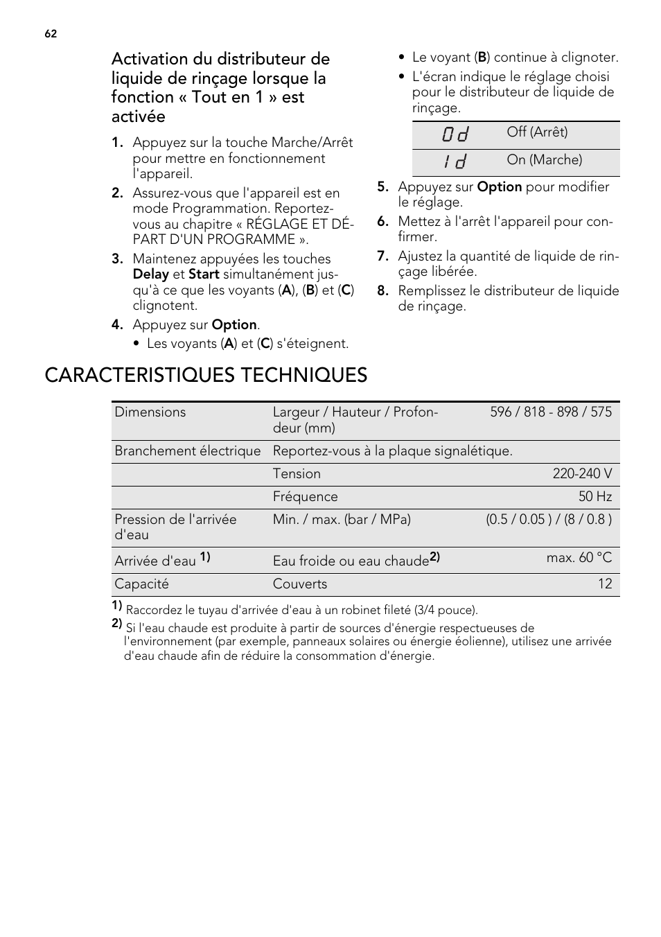 Caracteristiques techniques | AEG F65000IW0P User Manual | Page 62 / 84