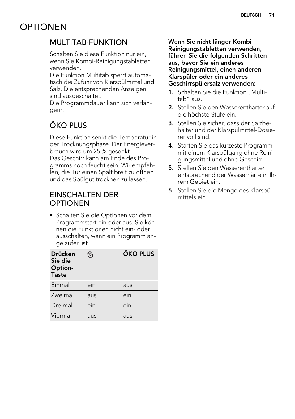 Optionen, Multitab-funktion, Öko plus | Einschalten der optionen | AEG F65000IW0P User Manual | Page 71 / 84