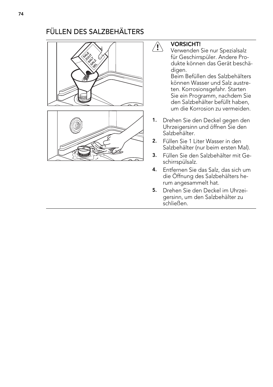 Füllen des salzbehälters | AEG F65000IW0P User Manual | Page 74 / 84