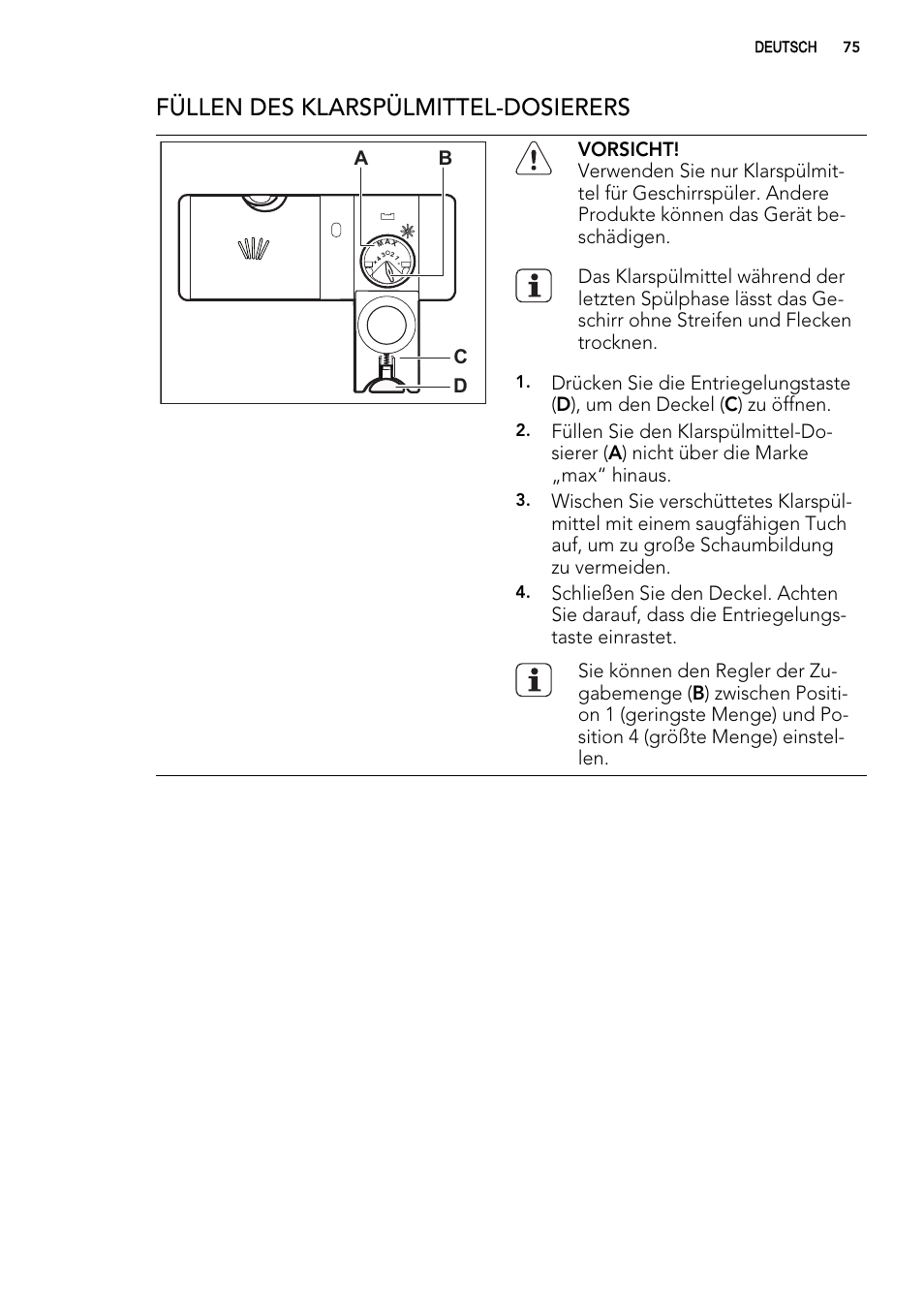 Füllen des klarspülmittel-dosierers | AEG F65000IW0P User Manual | Page 75 / 84