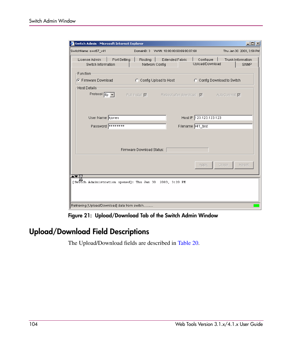 Upload/download field descriptions, 21 upload/download tab of the switch admin window, Figure 21 | HP StorageWorks MSA 2.8 SAN Switch User Manual | Page 104 / 307