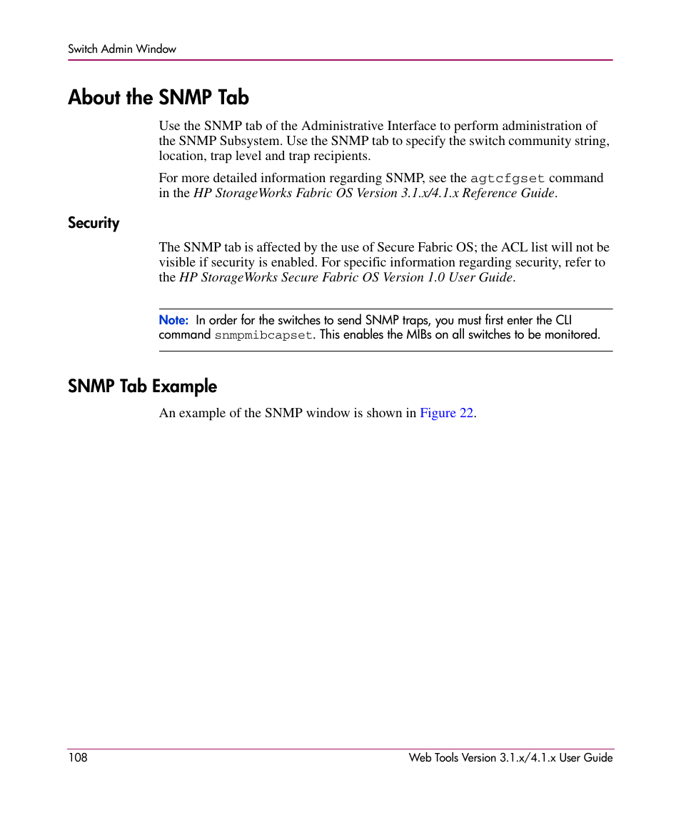 About the snmp tab, Security, Snmp tab example | HP StorageWorks MSA 2.8 SAN Switch User Manual | Page 108 / 307