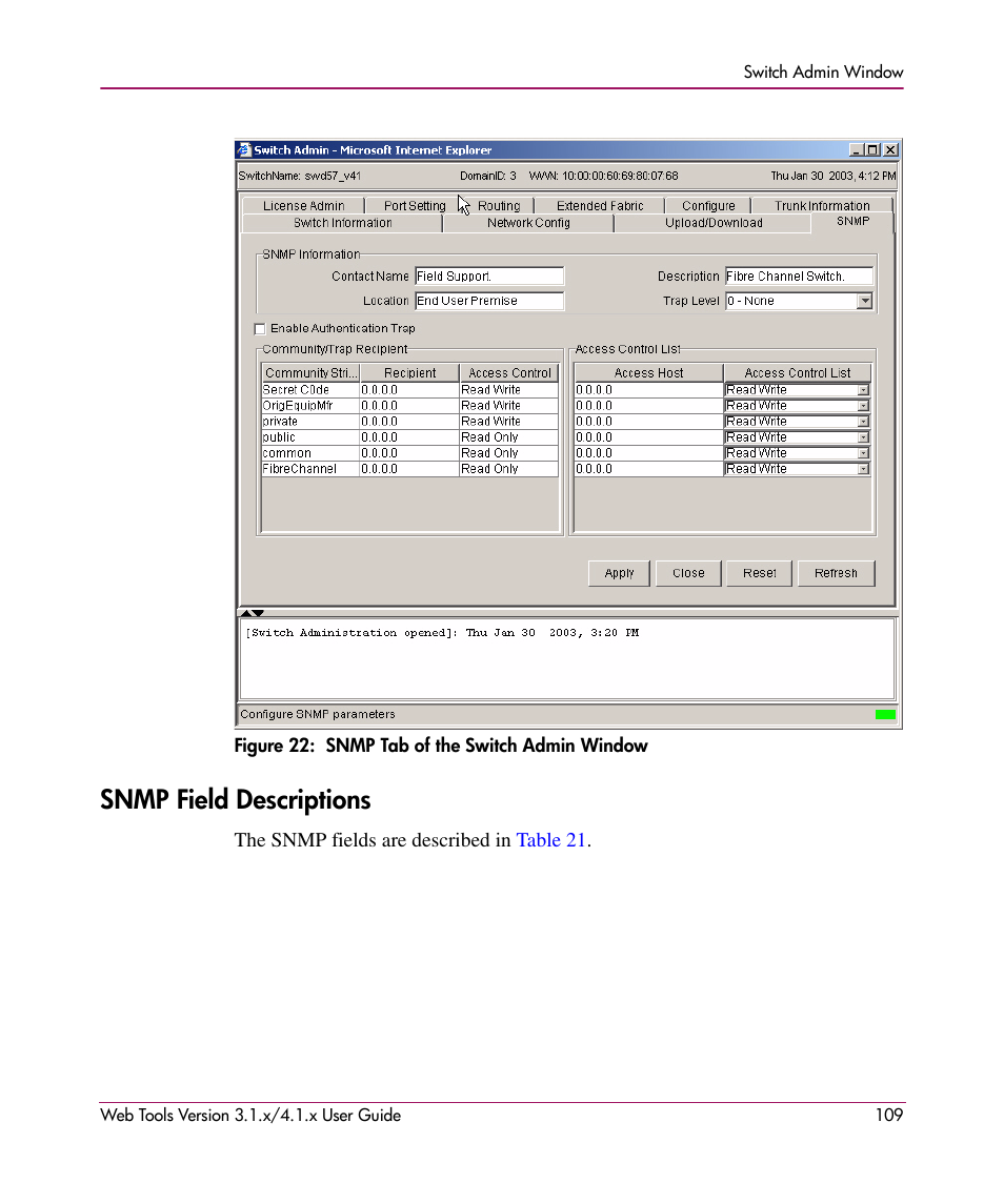 Figure 22: snmp tab of the switch admin window, Snmp field descriptions, 22 snmp tab of the switch admin window | Figure 22 | HP StorageWorks MSA 2.8 SAN Switch User Manual | Page 109 / 307