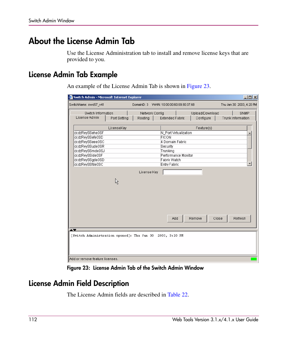 About the license admin tab, License admin tab example, License admin field description | 23 license admin tab of the switch admin window | HP StorageWorks MSA 2.8 SAN Switch User Manual | Page 112 / 307
