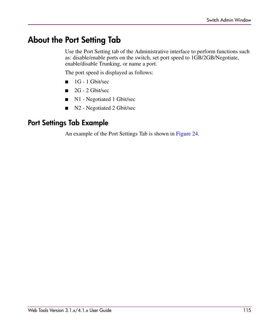 About the port setting tab, Port settings tab example | HP StorageWorks MSA 2.8 SAN Switch User Manual | Page 115 / 307