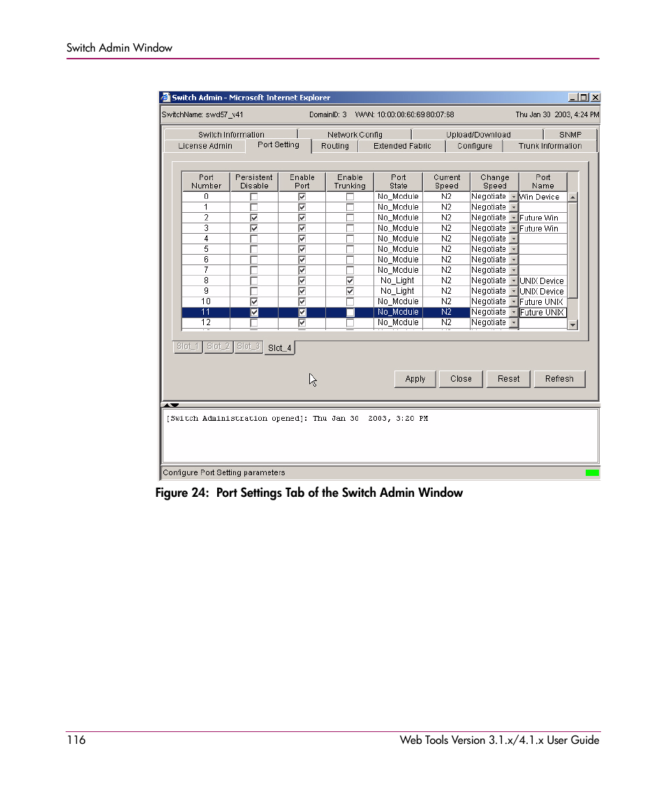24 port settings tab of the switch admin window | HP StorageWorks MSA 2.8 SAN Switch User Manual | Page 116 / 307