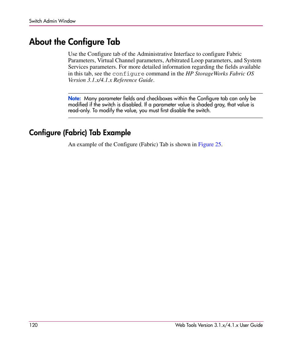 About the configure tab, Configure (fabric) tab example | HP StorageWorks MSA 2.8 SAN Switch User Manual | Page 120 / 307