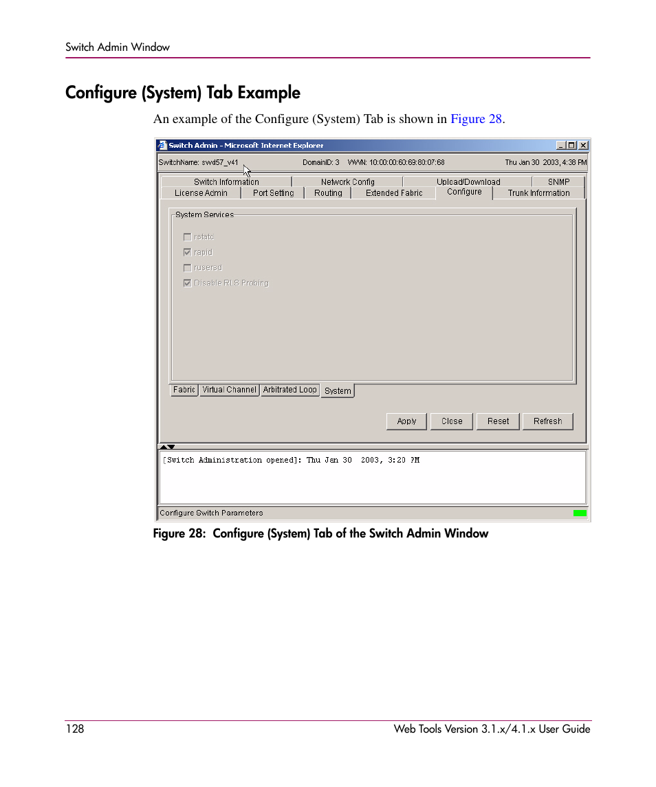 Configure (system) tab example | HP StorageWorks MSA 2.8 SAN Switch User Manual | Page 128 / 307