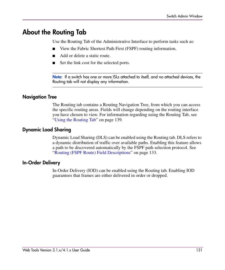 About the routing tab, Navigation tree, Dynamic load sharing | In-order delivery | HP StorageWorks MSA 2.8 SAN Switch User Manual | Page 131 / 307