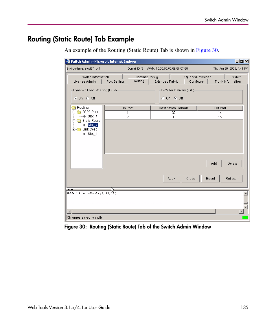 Routing (static route) tab example | HP StorageWorks MSA 2.8 SAN Switch User Manual | Page 135 / 307