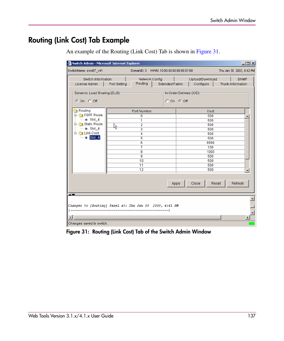 Routing (link cost) tab example | HP StorageWorks MSA 2.8 SAN Switch User Manual | Page 137 / 307