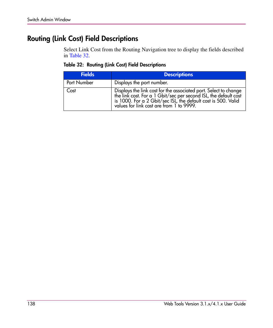Routing (link cost) field descriptions, Table 32: routing (link cost) field descriptions, 32 routing (link cost) field descriptions | HP StorageWorks MSA 2.8 SAN Switch User Manual | Page 138 / 307