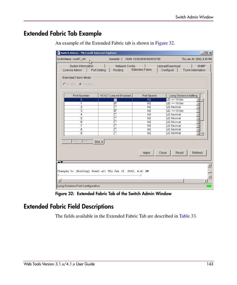 Extended fabric tab example, Extended fabric field descriptions, 32 extended fabric tab of the switch admin window | HP StorageWorks MSA 2.8 SAN Switch User Manual | Page 143 / 307