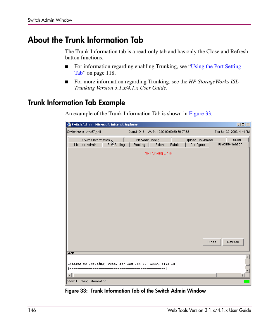 About the trunk information tab, Trunk information tab example | HP StorageWorks MSA 2.8 SAN Switch User Manual | Page 146 / 307