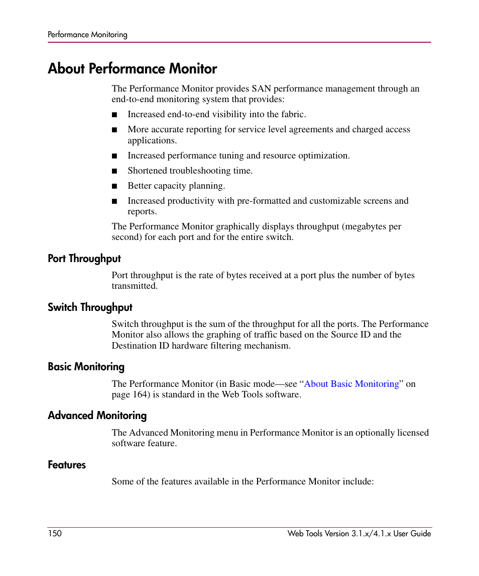 About performance monitor, Port throughput, Switch throughput | Basic monitoring, Advanced monitoring, Features, About, Performance monitor | HP StorageWorks MSA 2.8 SAN Switch User Manual | Page 150 / 307