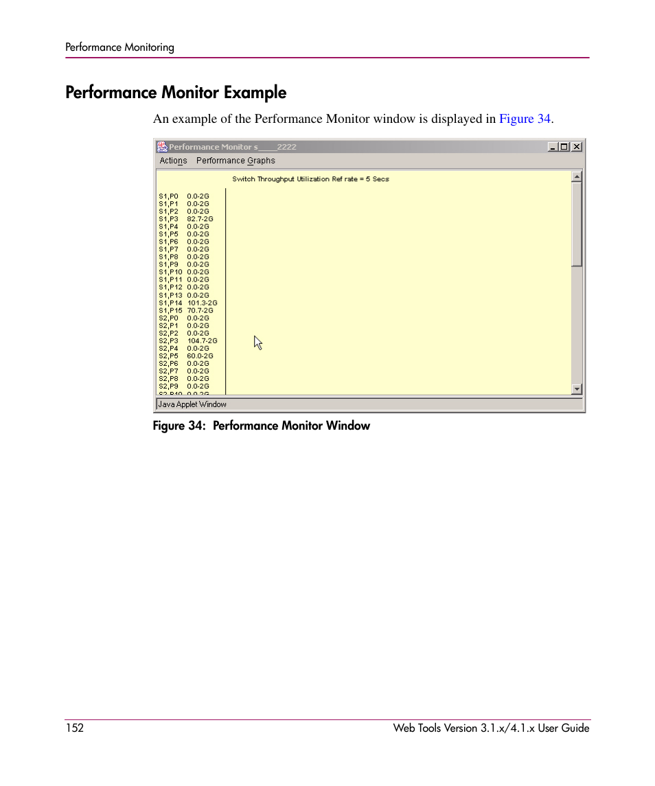 Performance monitor example, Figure 34: performance monitor window, 34 performance monitor window | HP StorageWorks MSA 2.8 SAN Switch User Manual | Page 152 / 307