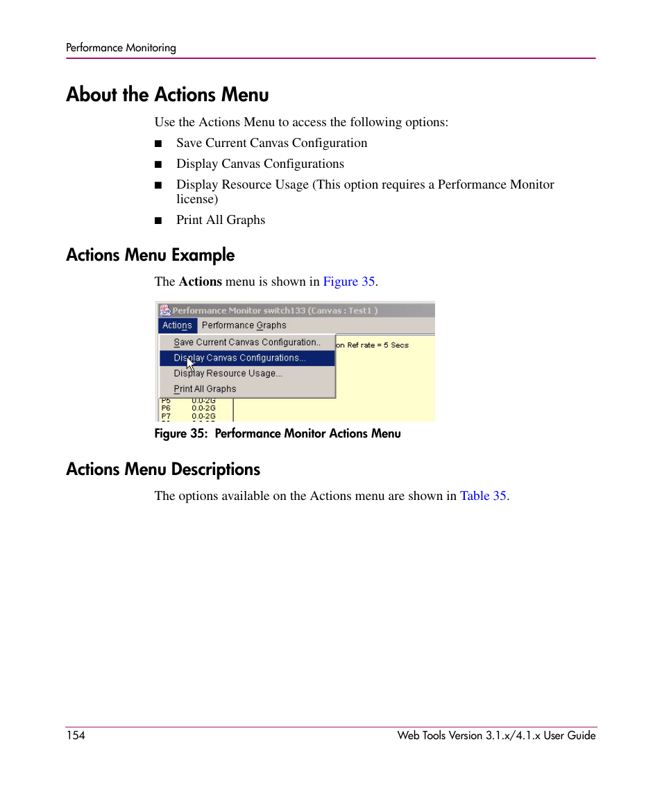 About the actions menu, Actions menu example, Figure 35: performance monitor actions menu | Actions menu descriptions, Actions menu example actions menu descriptions, 35 performance monitor actions menu | HP StorageWorks MSA 2.8 SAN Switch User Manual | Page 154 / 307