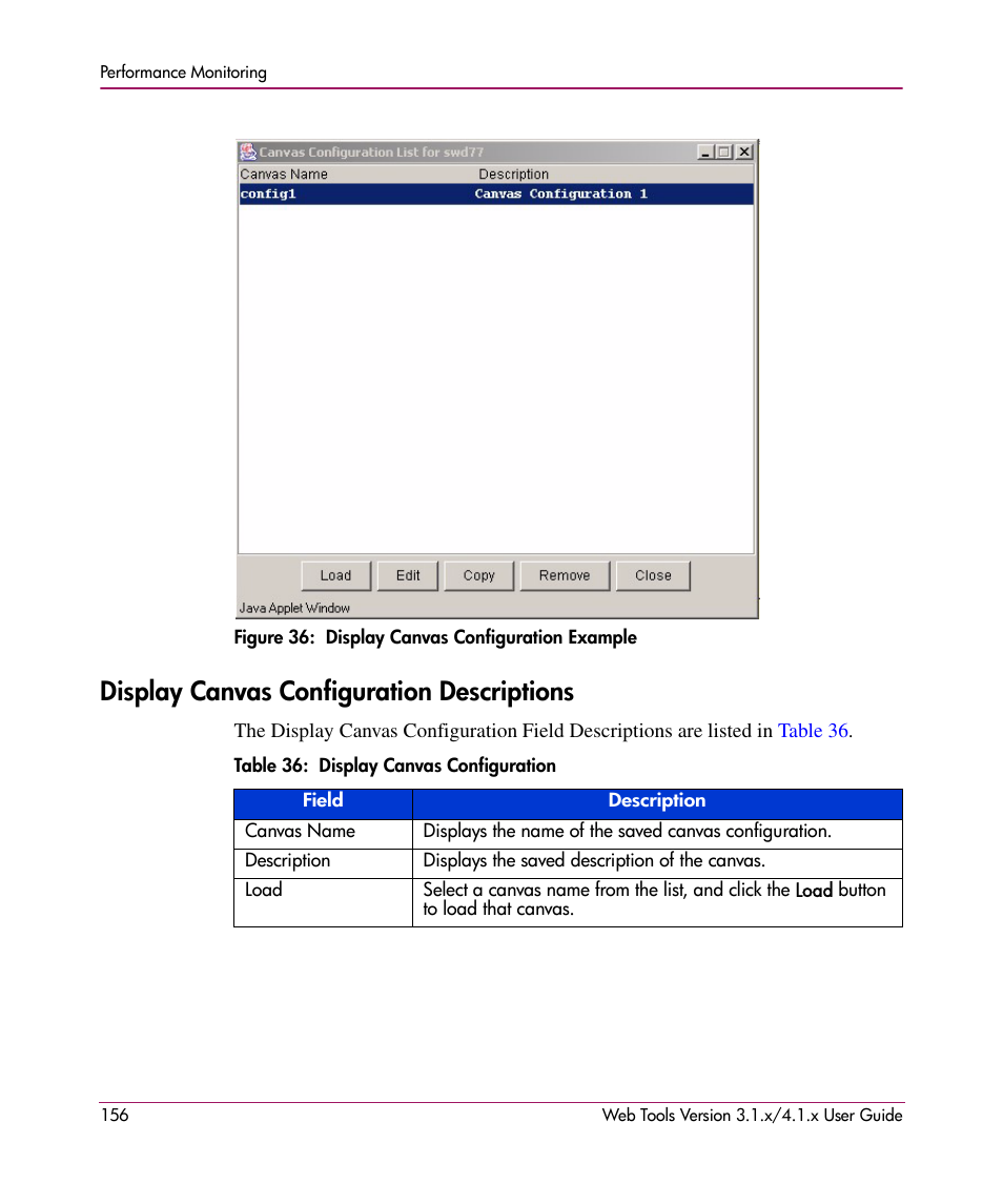 Figure 36: display canvas configuration example, Display canvas configuration descriptions, Table 36: display canvas configuration | 36 display canvas configuration example, 36 display canvas configuration, N in, Figure 36 | HP StorageWorks MSA 2.8 SAN Switch User Manual | Page 156 / 307