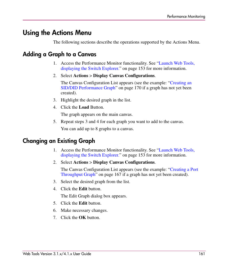 Using the actions menu, Adding a graph to a canvas, Changing an existing graph | HP StorageWorks MSA 2.8 SAN Switch User Manual | Page 161 / 307