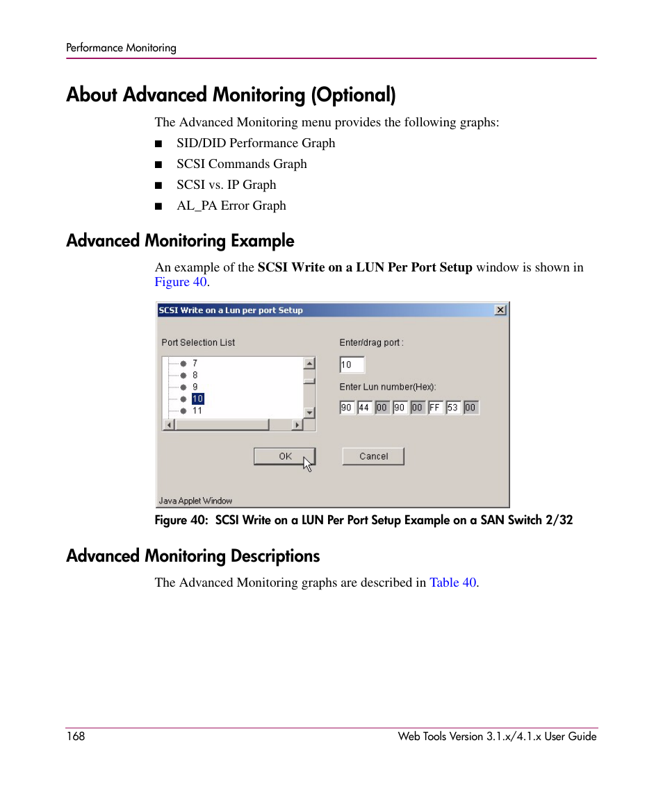 About advanced monitoring (optional), Advanced monitoring example, Advanced monitoring descriptions | HP StorageWorks MSA 2.8 SAN Switch User Manual | Page 168 / 307