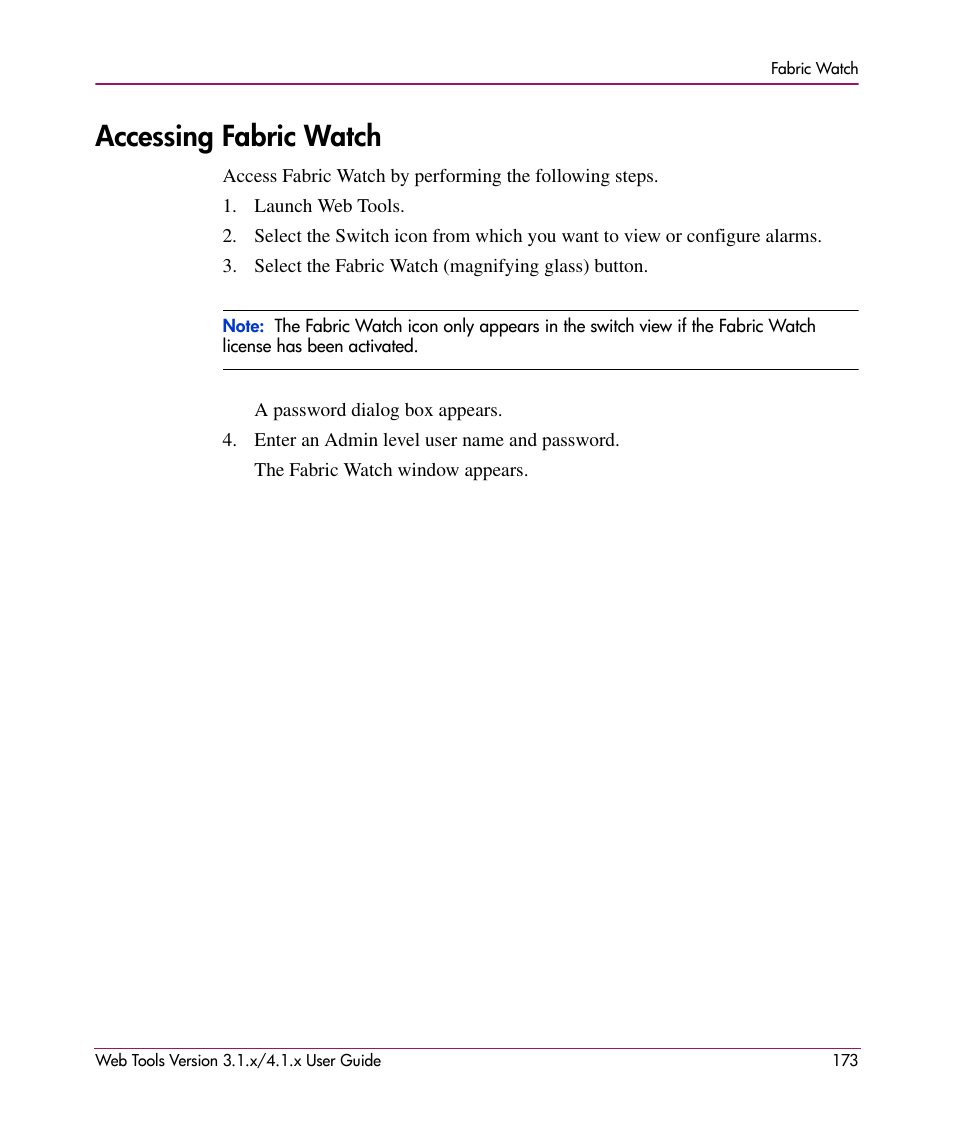 Accessing fabric watch | HP StorageWorks MSA 2.8 SAN Switch User Manual | Page 173 / 307
