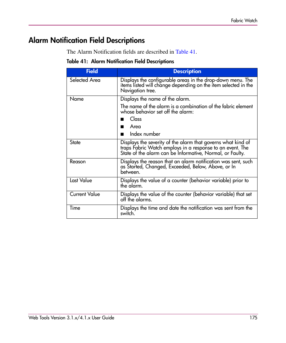 Alarm notification field descriptions, Table 41: alarm notification field descriptions, 41 alarm notification field descriptions | HP StorageWorks MSA 2.8 SAN Switch User Manual | Page 175 / 307