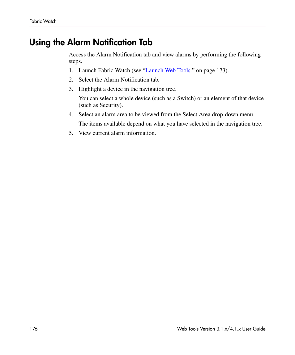 Using the alarm notification tab | HP StorageWorks MSA 2.8 SAN Switch User Manual | Page 176 / 307