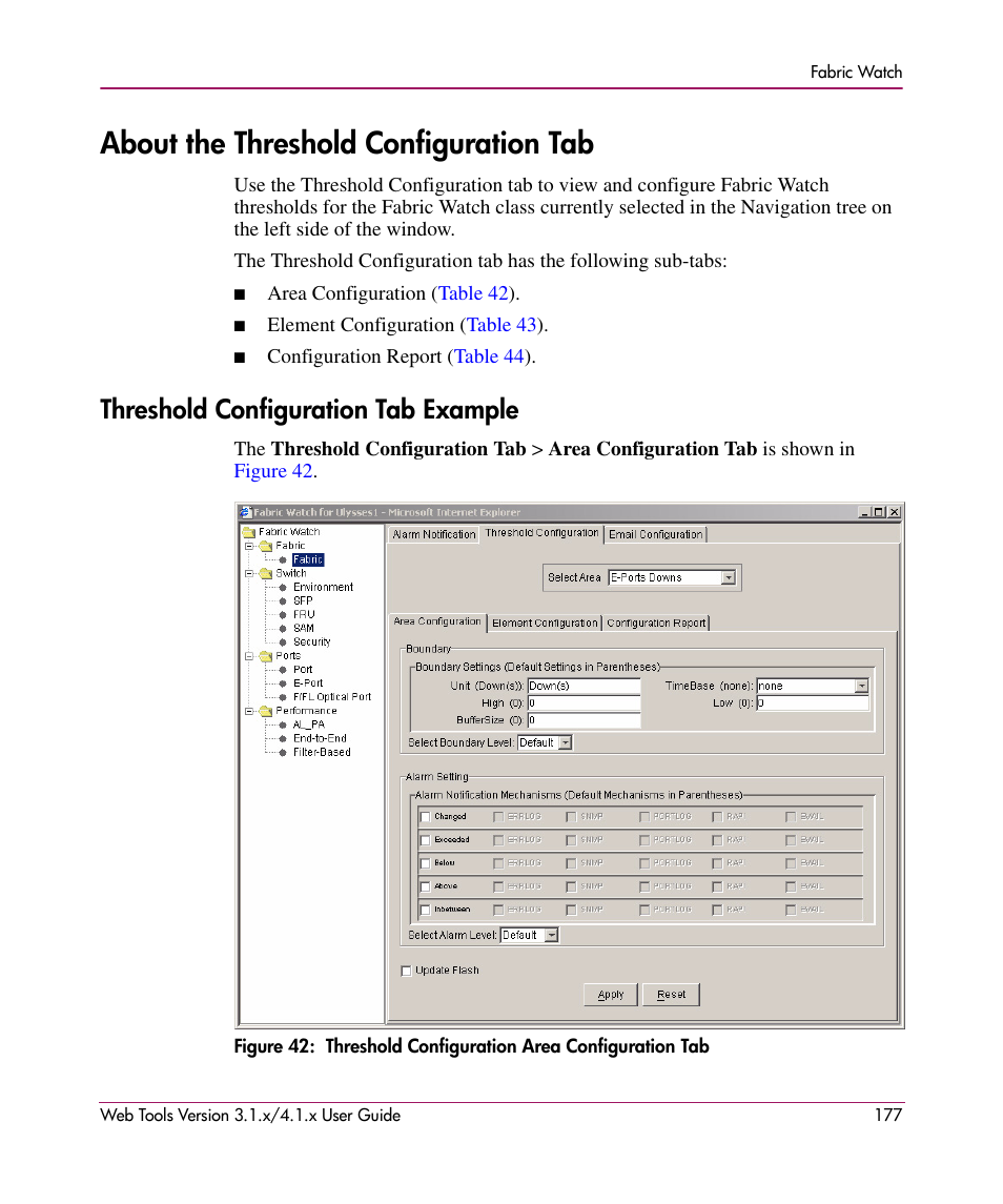About the threshold configuration tab, Threshold configuration tab example, 42 threshold configuration area configuration tab | HP StorageWorks MSA 2.8 SAN Switch User Manual | Page 177 / 307