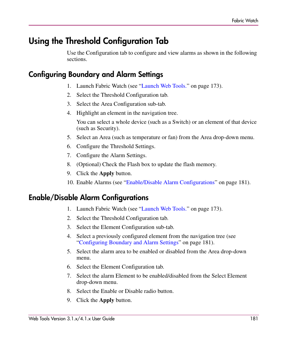 Using the threshold configuration tab, Configuring boundary and alarm settings, Enable/disable alarm configurations | HP StorageWorks MSA 2.8 SAN Switch User Manual | Page 181 / 307