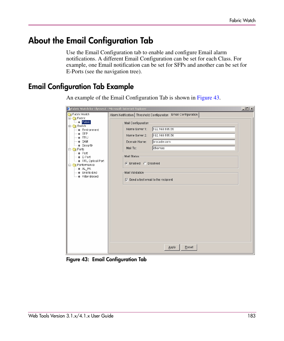 About the email configuration tab, Email configuration tab example, Figure 43: email configuration tab | 43 email configuration tab | HP StorageWorks MSA 2.8 SAN Switch User Manual | Page 183 / 307