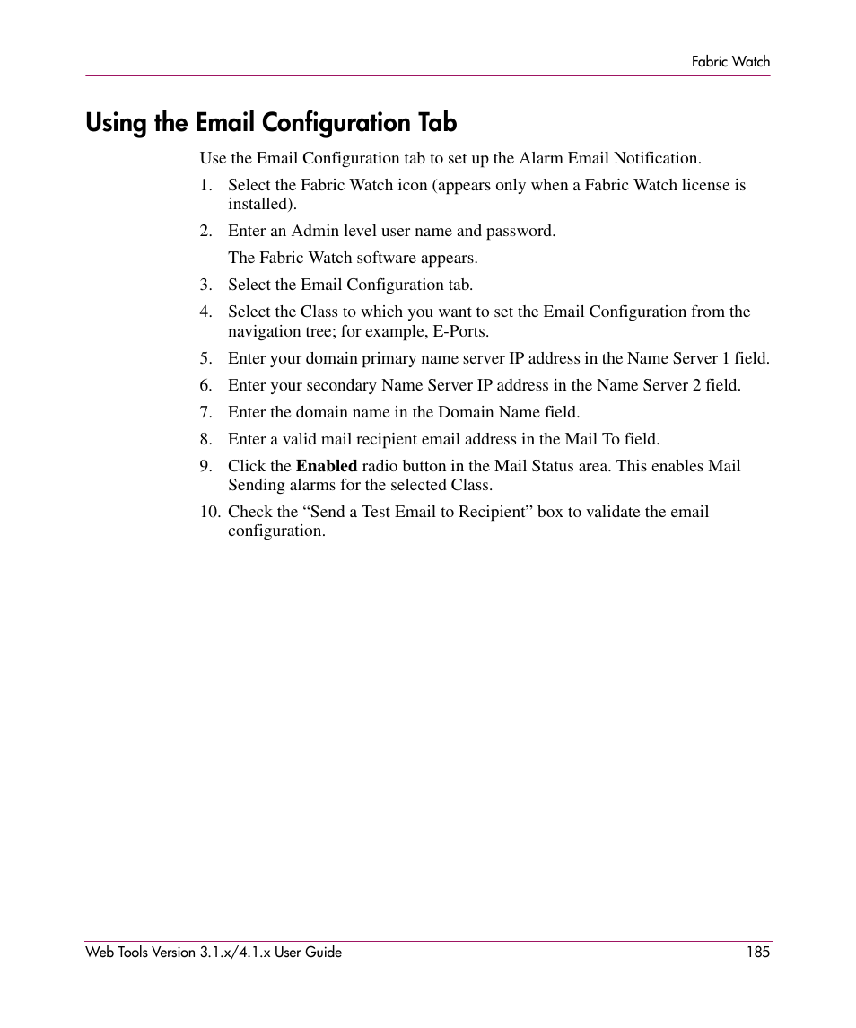 Using the email configuration tab | HP StorageWorks MSA 2.8 SAN Switch User Manual | Page 185 / 307