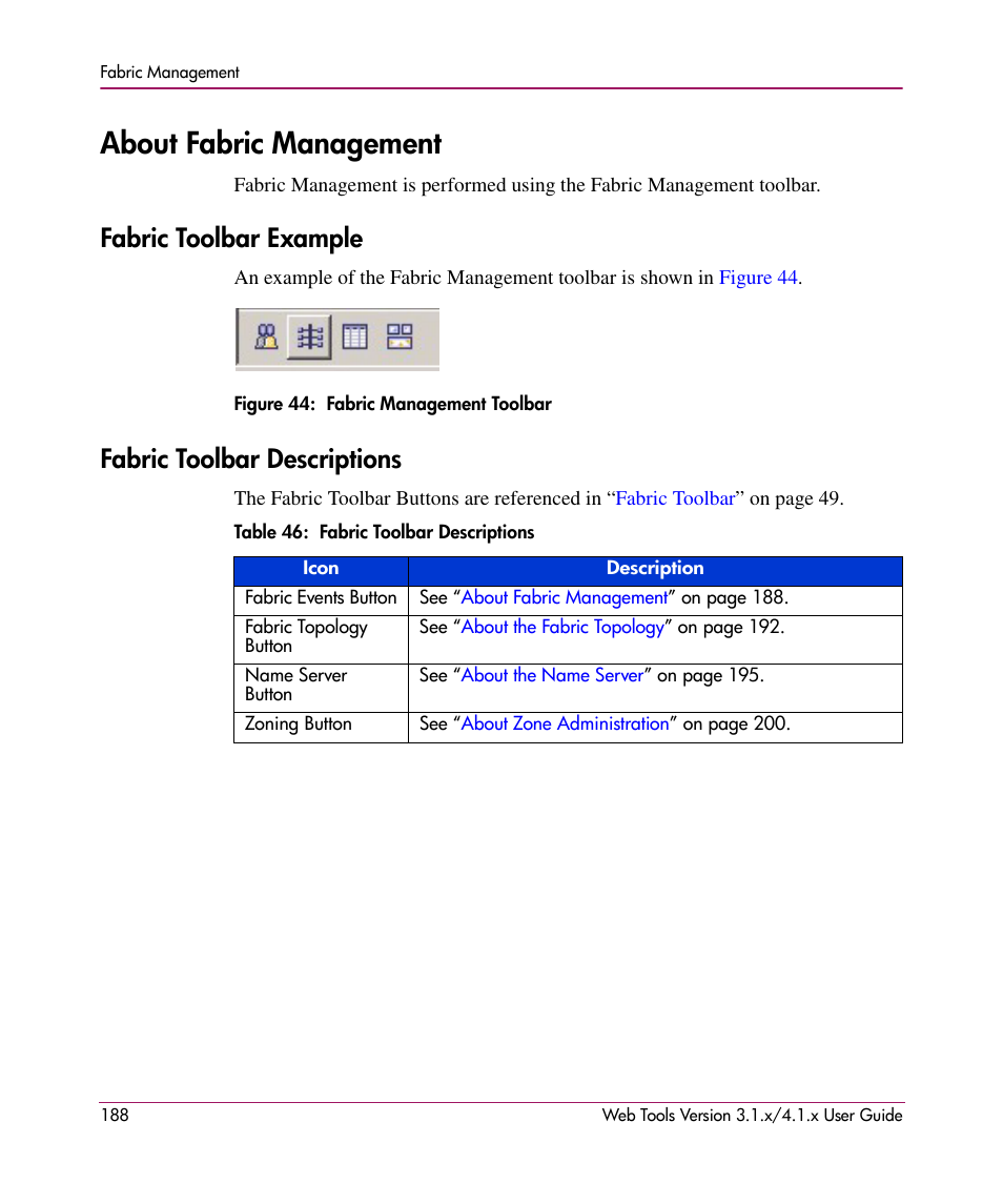 About fabric management, Fabric toolbar example, Figure 44: fabric management toolbar | Fabric toolbar descriptions, Table 46: fabric toolbar descriptions, Fabric toolbar example fabric toolbar descriptions, 44 fabric management toolbar, 46 fabric toolbar descriptions | HP StorageWorks MSA 2.8 SAN Switch User Manual | Page 188 / 307