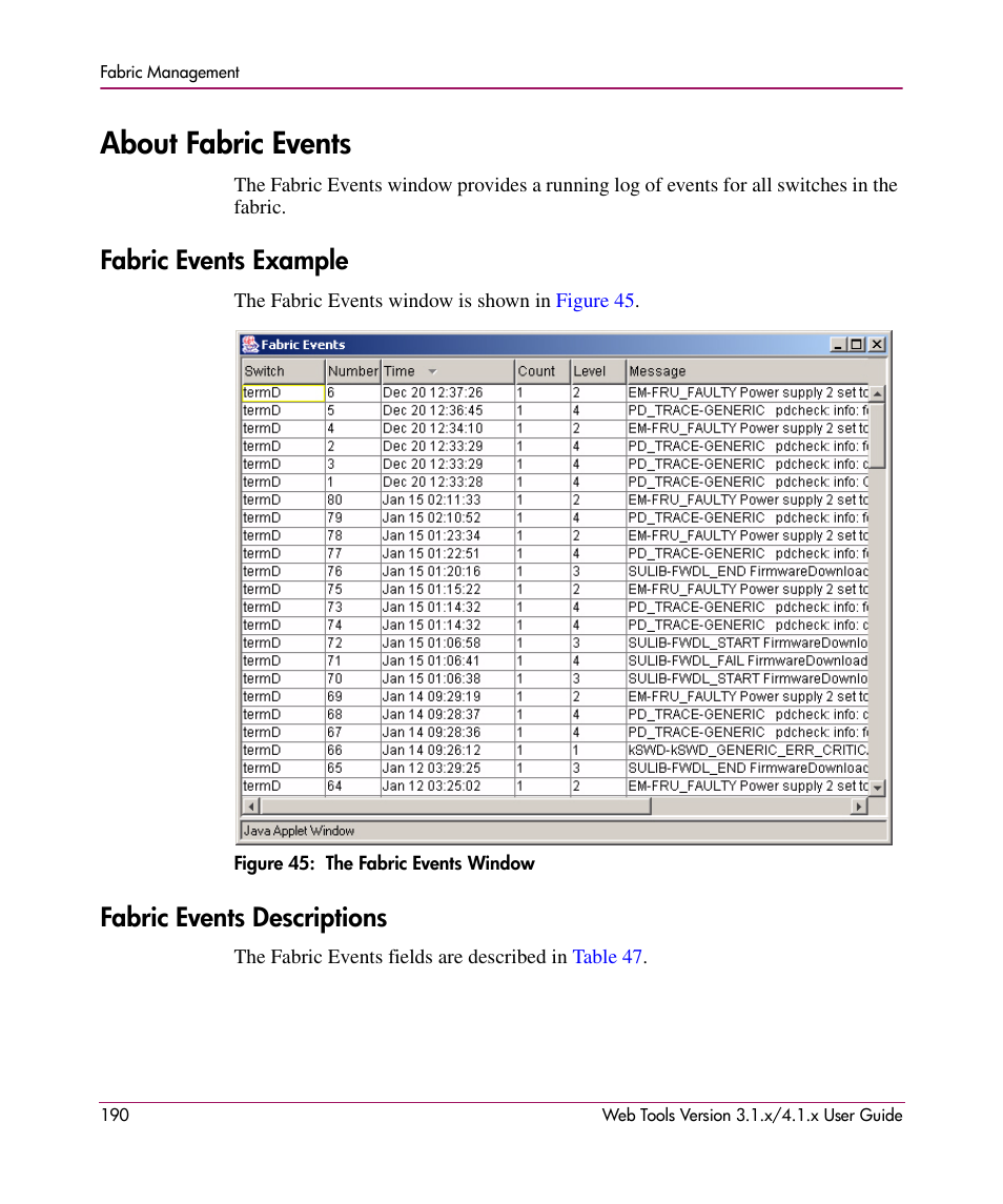 About fabric events, Fabric events example, Figure 45: the fabric events window | Fabric events descriptions, Fabric events example fabric events descriptions, 45 the fabric events window | HP StorageWorks MSA 2.8 SAN Switch User Manual | Page 190 / 307