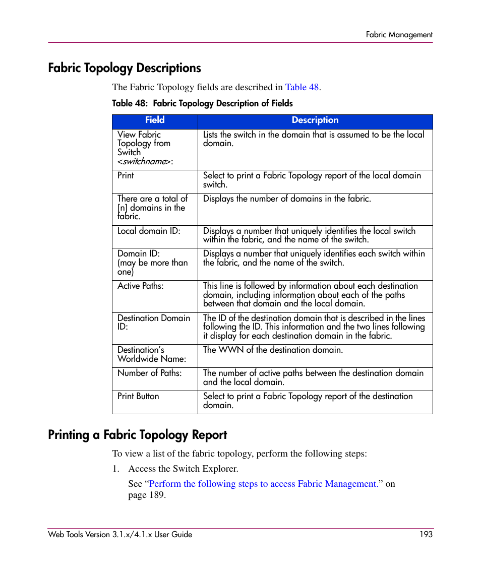 Fabric topology descriptions, Table 48: fabric topology description of fields, Printing a fabric topology report | 48 fabric topology description of fields | HP StorageWorks MSA 2.8 SAN Switch User Manual | Page 193 / 307