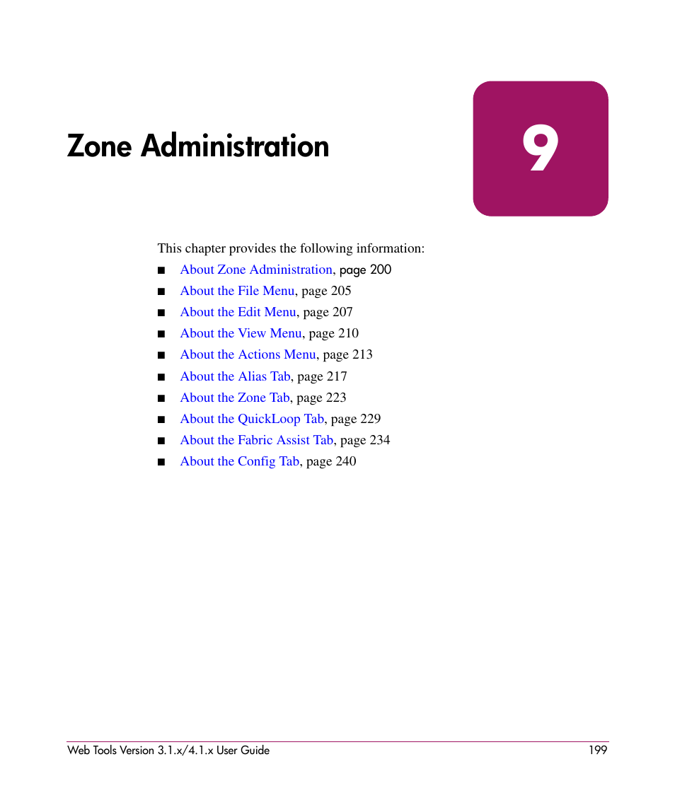 Zone administration, 9 zone administration, Ng zoning, see | Or the | HP StorageWorks MSA 2.8 SAN Switch User Manual | Page 199 / 307