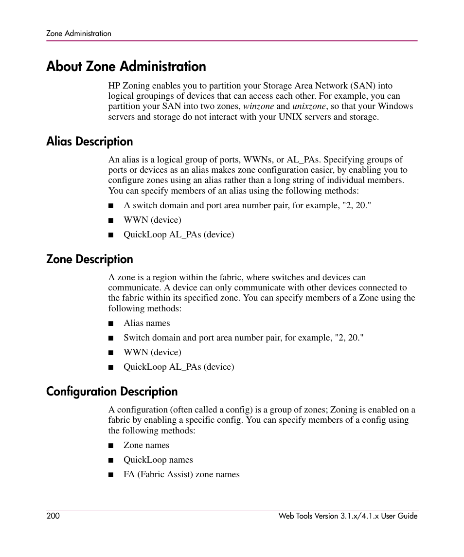 About zone administration, Alias description, Zone description | Configuration description, About zone, Administration | HP StorageWorks MSA 2.8 SAN Switch User Manual | Page 200 / 307