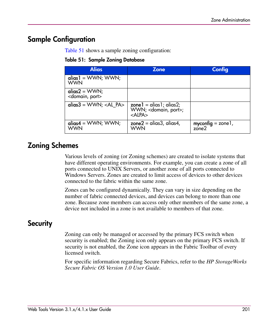 Sample configuration, Table 51: sample zoning database, Zoning schemes | Security, Sample configuration zoning schemes security, 51 sample zoning database | HP StorageWorks MSA 2.8 SAN Switch User Manual | Page 201 / 307