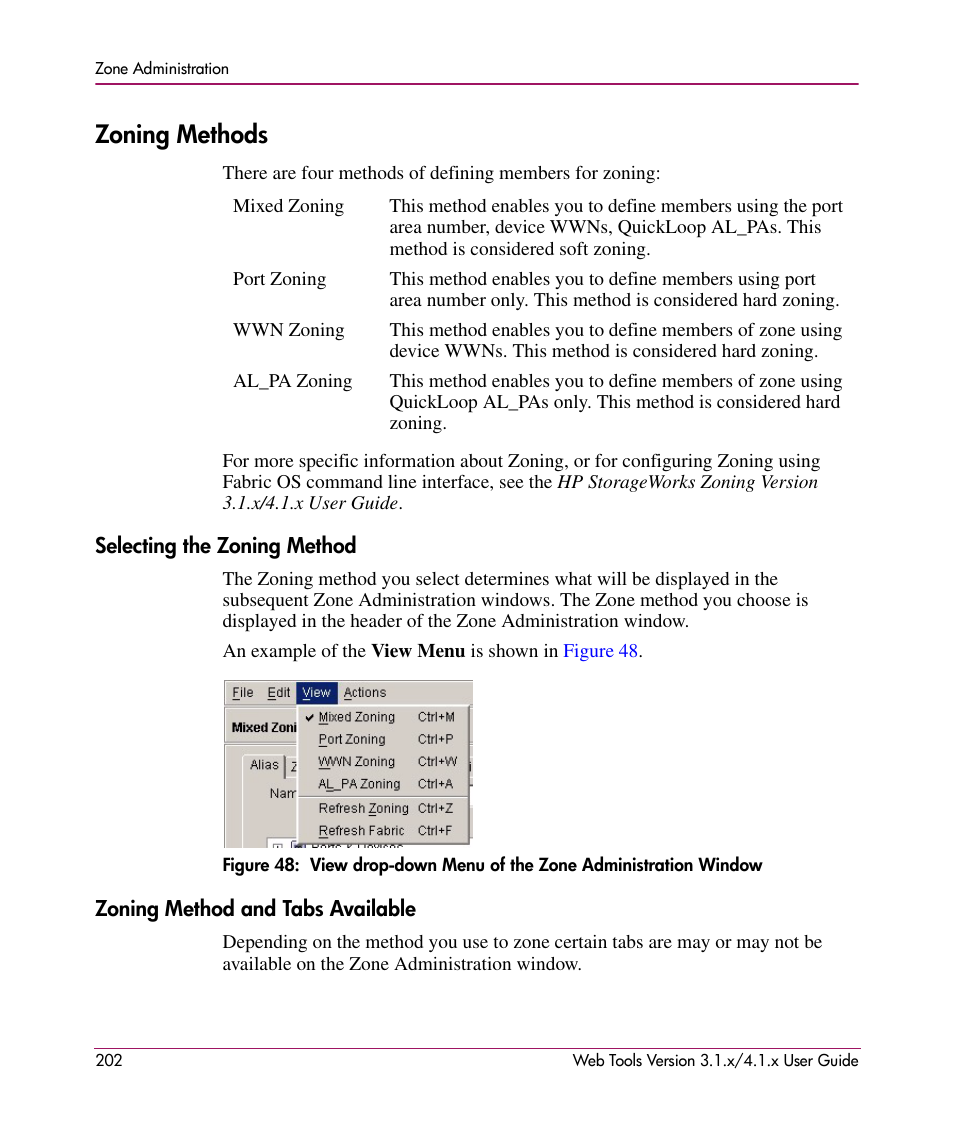Zoning methods, Selecting the zoning method, Zoning method and tabs available | HP StorageWorks MSA 2.8 SAN Switch User Manual | Page 202 / 307