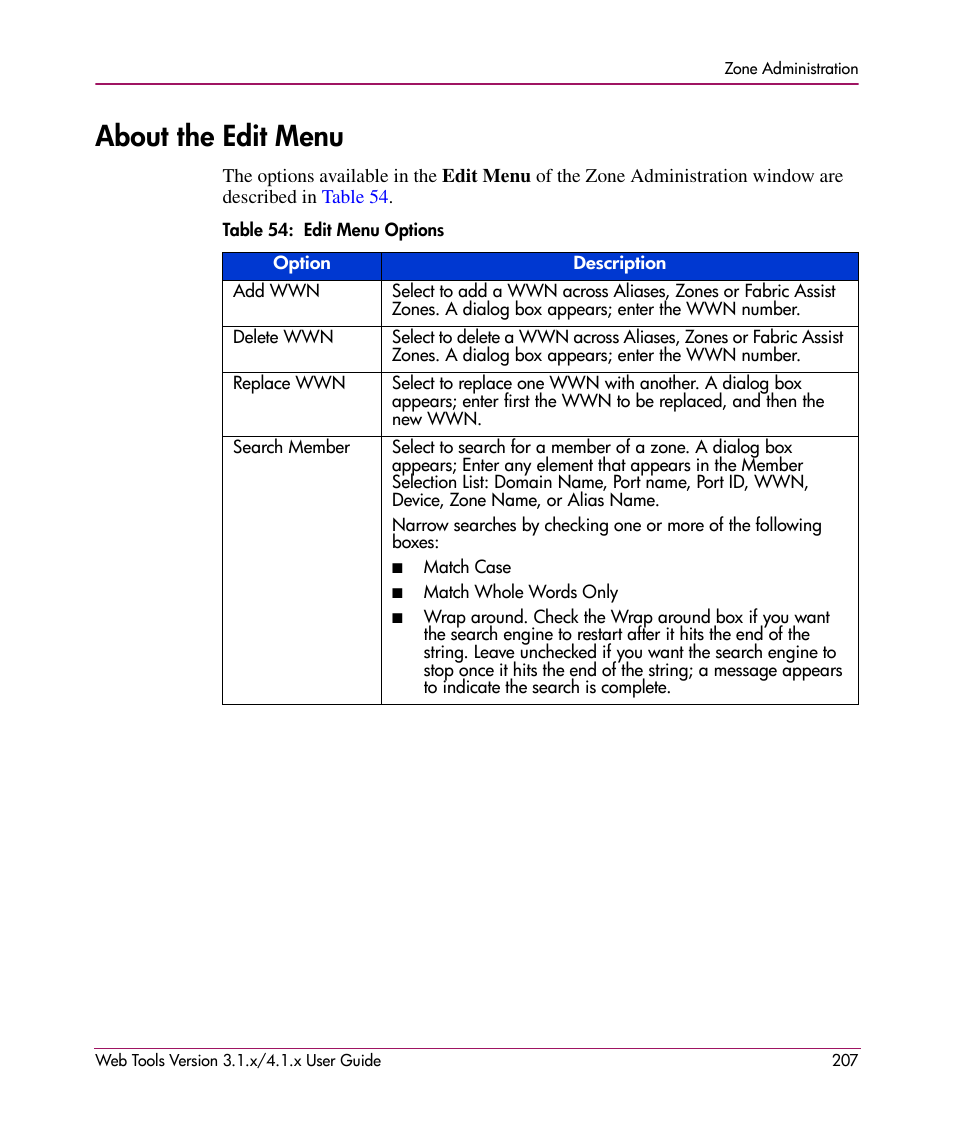 About the edit menu, Table 54: edit menu options, 54 edit menu options | HP StorageWorks MSA 2.8 SAN Switch User Manual | Page 207 / 307