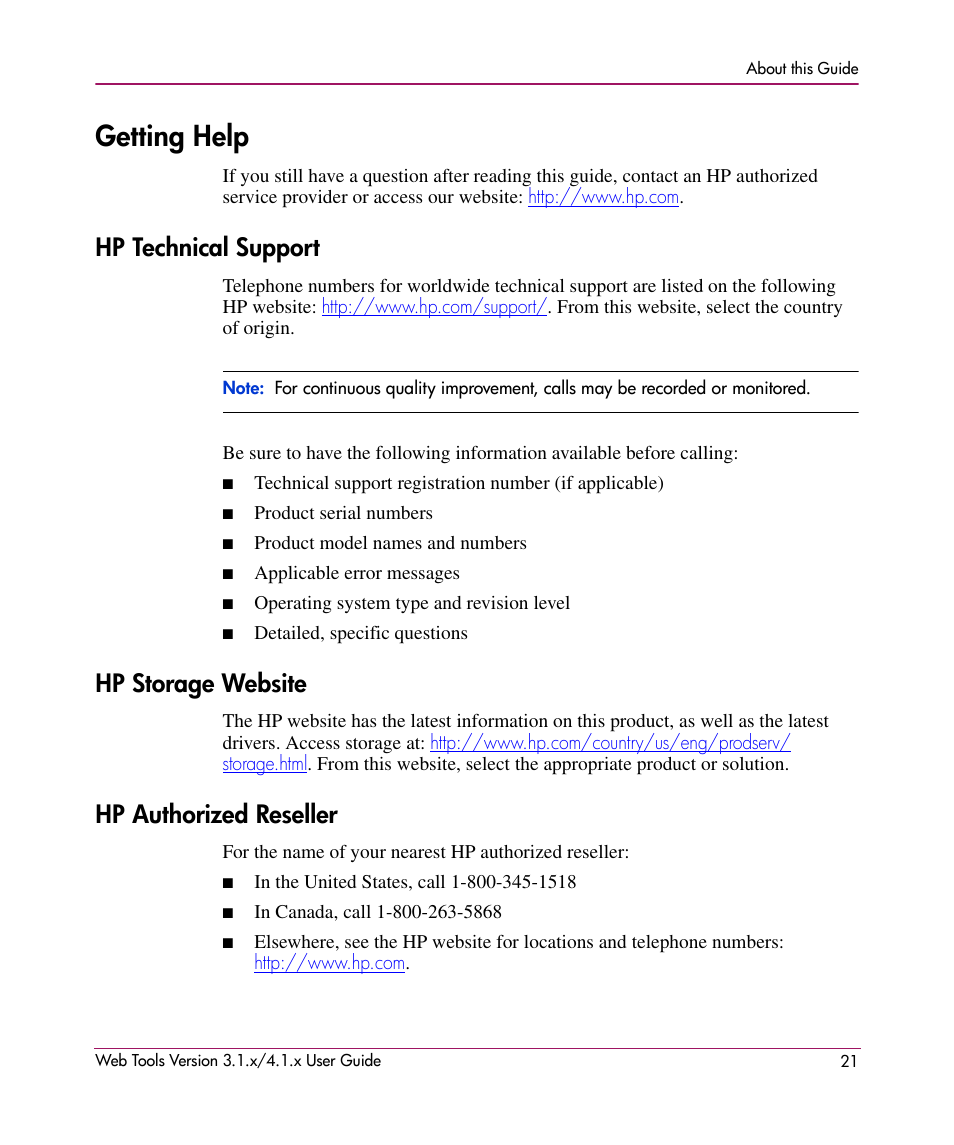 Getting help, Hp technical support, Hp storage website | Hp authorized reseller | HP StorageWorks MSA 2.8 SAN Switch User Manual | Page 21 / 307