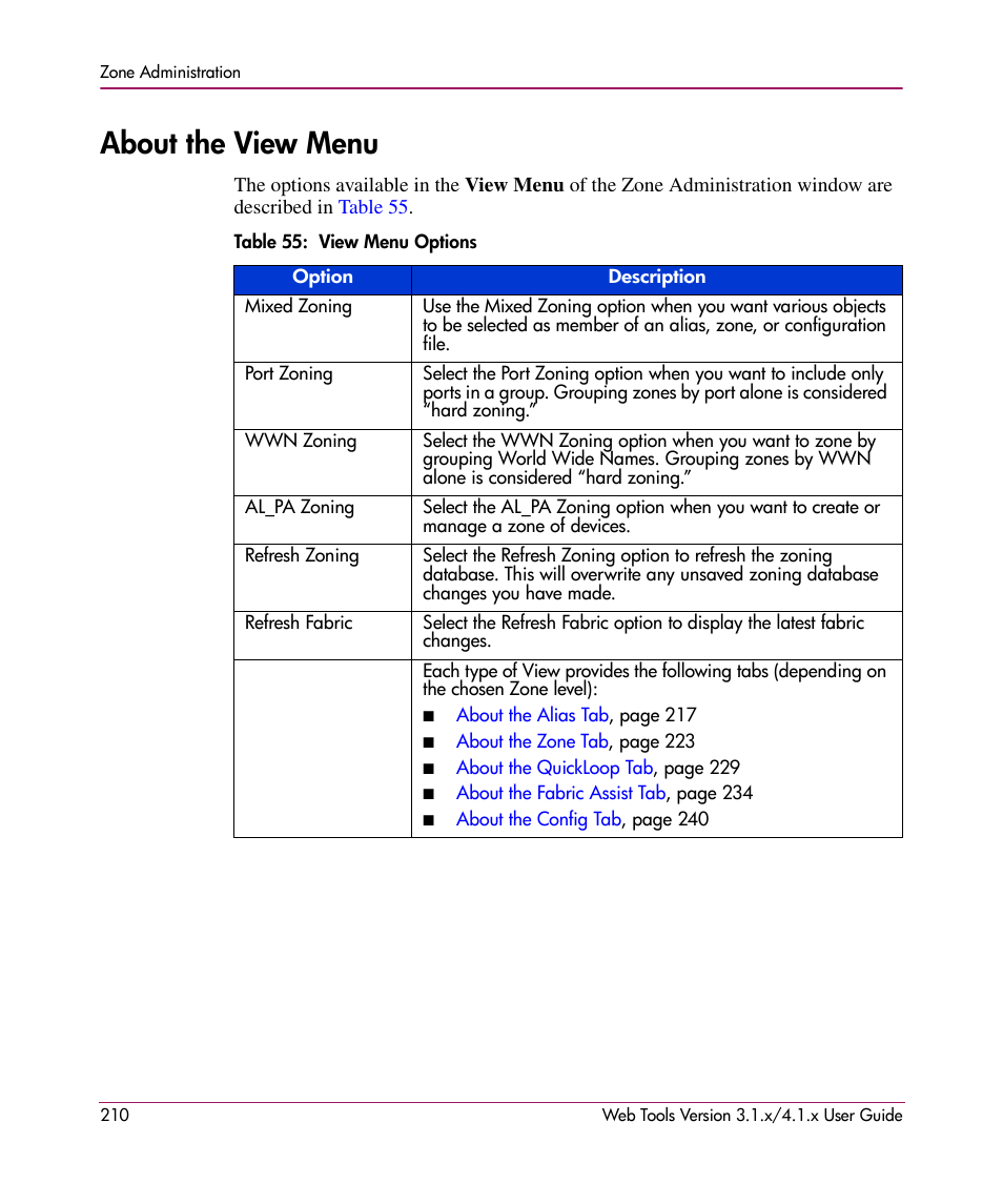 About the view menu, Table 55: view menu options, 55 view menu options | HP StorageWorks MSA 2.8 SAN Switch User Manual | Page 210 / 307