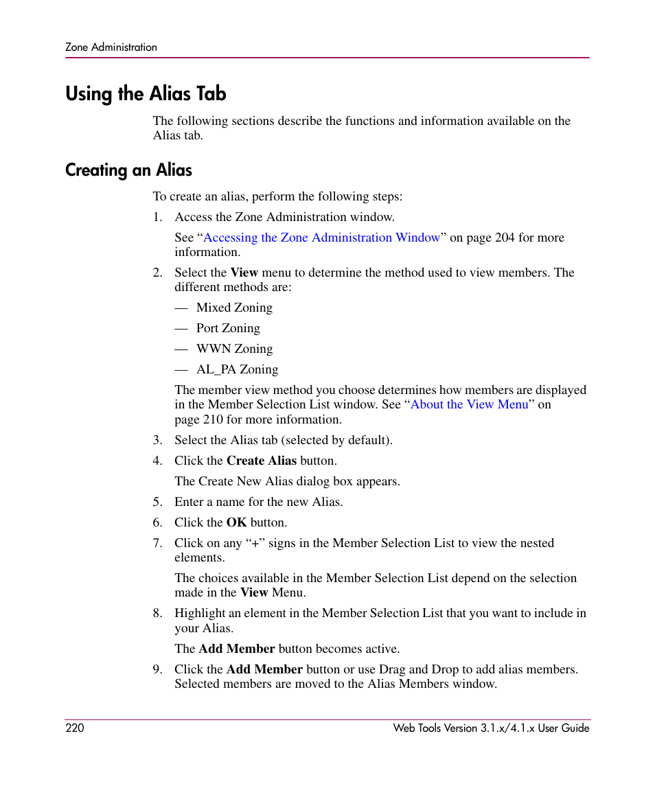 Using the alias tab, Creating an alias | HP StorageWorks MSA 2.8 SAN Switch User Manual | Page 220 / 307
