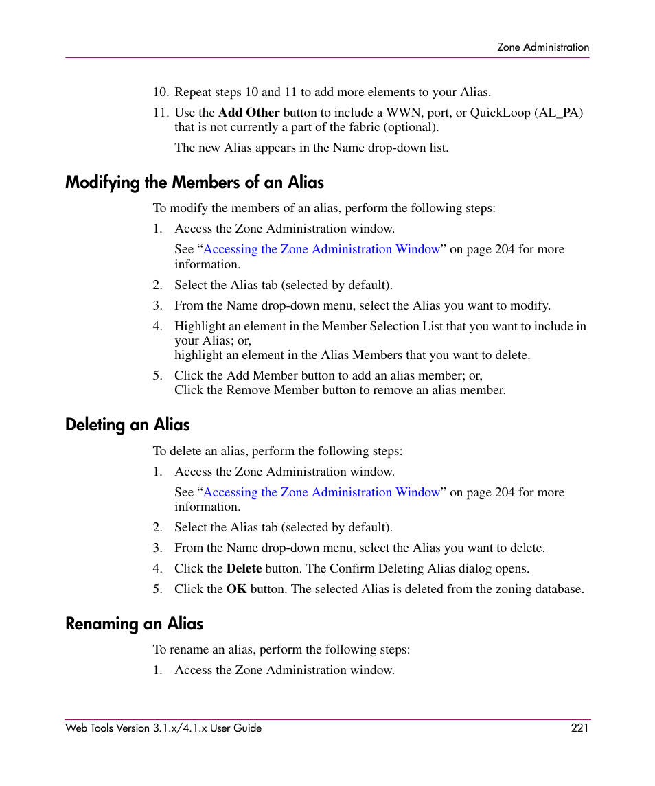 Modifying the members of an alias, Deleting an alias, Renaming an alias | HP StorageWorks MSA 2.8 SAN Switch User Manual | Page 221 / 307